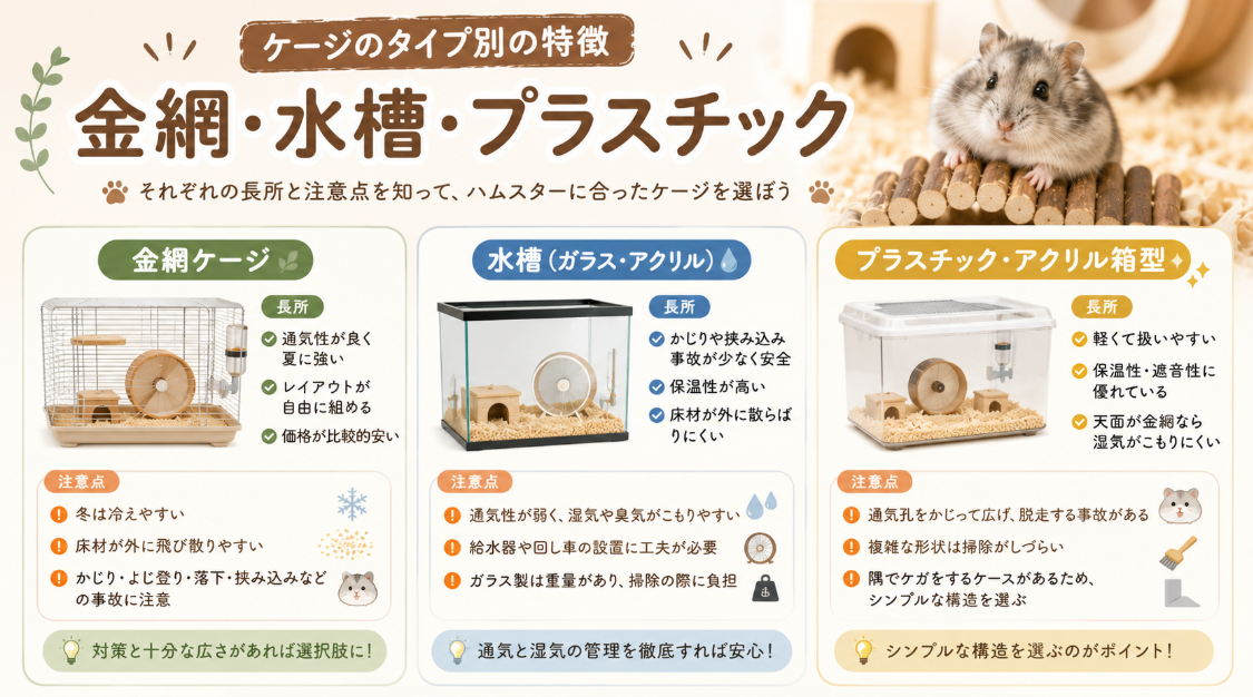 ケージのタイプ別の特徴、金網・水槽・プラスチック