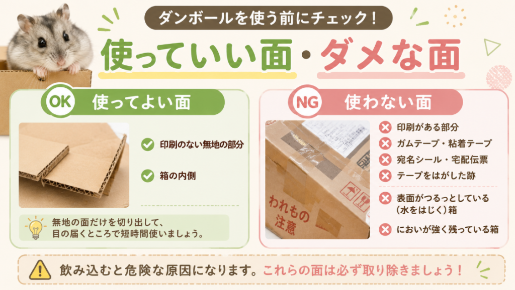 ハムスターに使える無地のダンボールと、印刷・テープ・シール付きで避けるべき面の比較