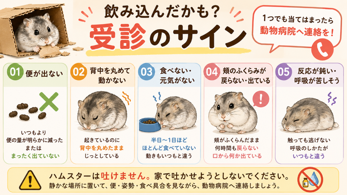 ハムスターがダンボールを飲み込んだ疑いがあるときの、便・姿勢・食欲・頬袋・呼吸の受診サイン