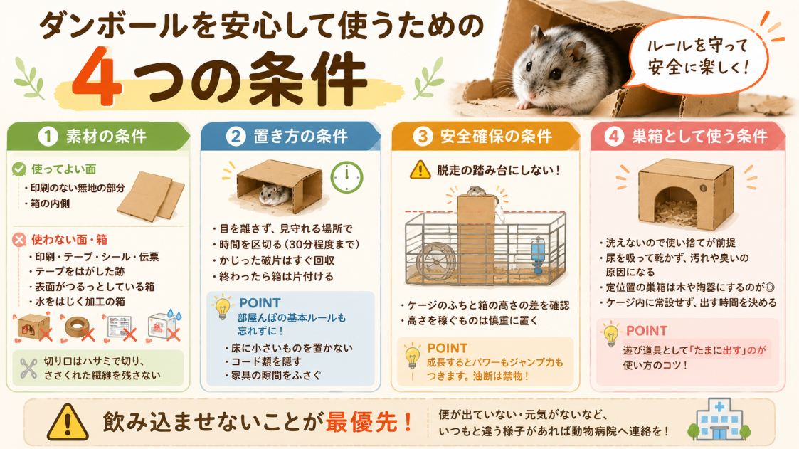 ハムスターにダンボールを使う際の素材・置き方・脱走防止・巣箱利用の4つの条件