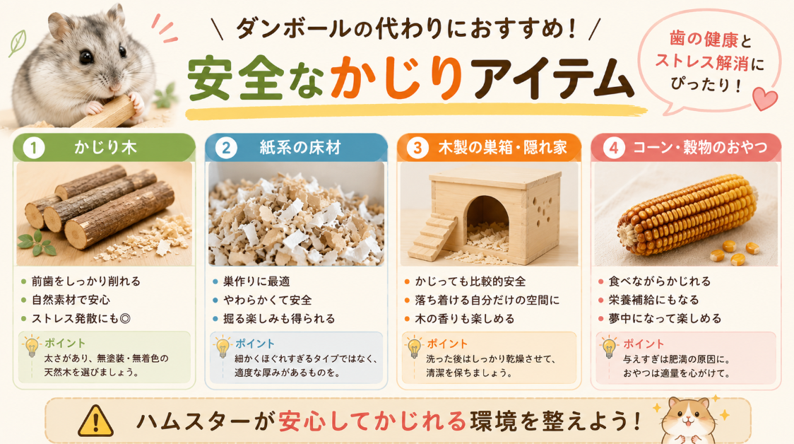 ハムスターのダンボール代わりに使える、かじり木・紙系床材・木製巣箱・コーンのおやつ