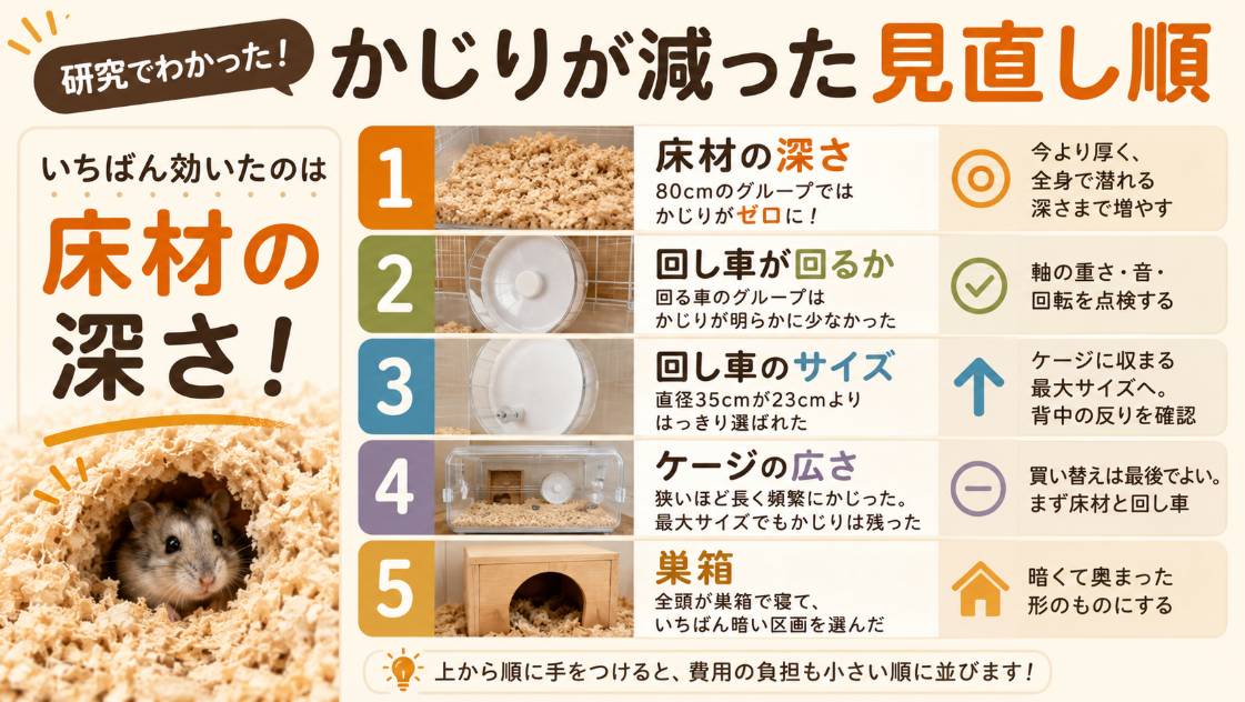 ハムスターのケージかじり対策を、床材の深さ、回し車、ケージの広さ、巣箱の順に示した比較表