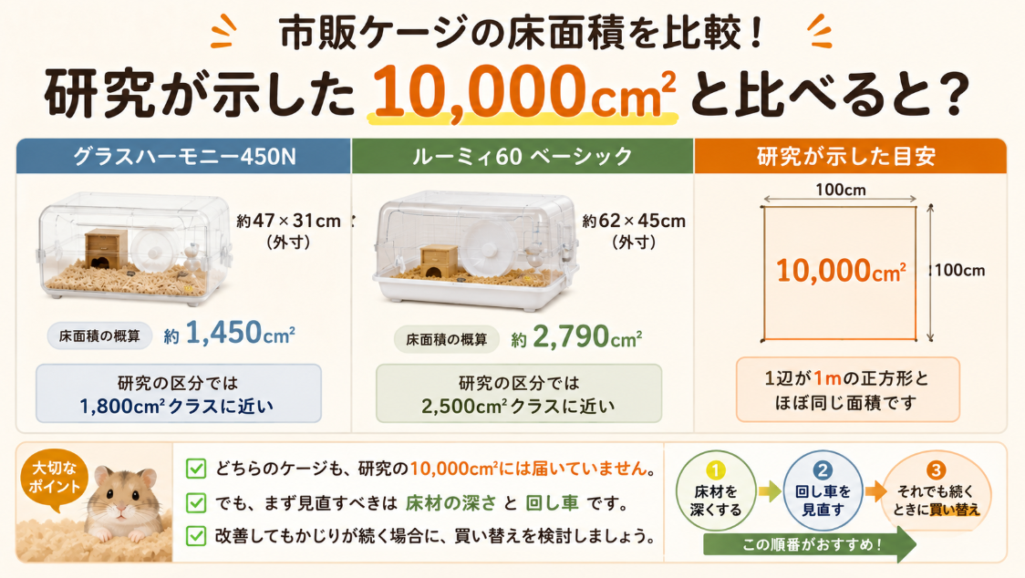 市販ハムスターケージの床面積と研究基準1万平方センチを比較した図