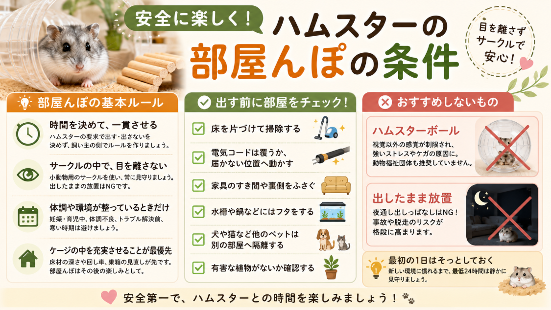 サークル使用や電気コード対策など、安全にハムスターを部屋んぽさせる条件をまとめた図