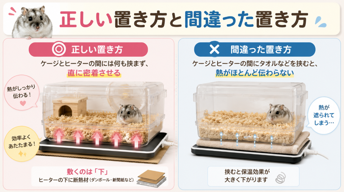 ハムスターケージとヒーターを密着させる正しい置き方と、間にタオルを挟む間違った置き方の比較