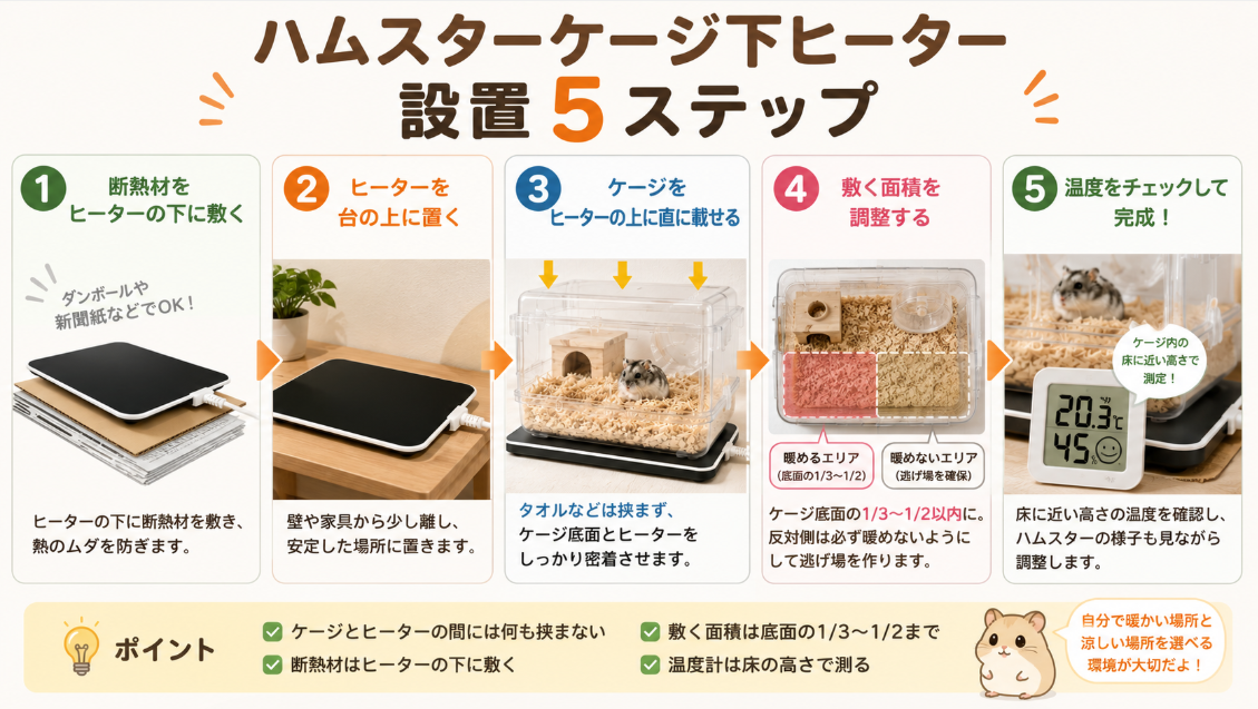 ハムスターケージ下ヒーターの設置方法を、断熱材・密着・加温面積・温度確認の5ステップで解説