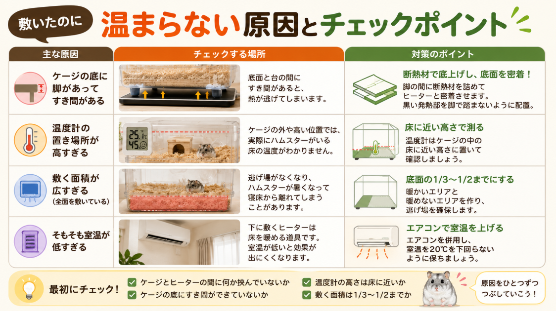 ハムスターのヒーターでケージが温まらない原因と、底面のすき間や温度計の位置などの確認ポイント