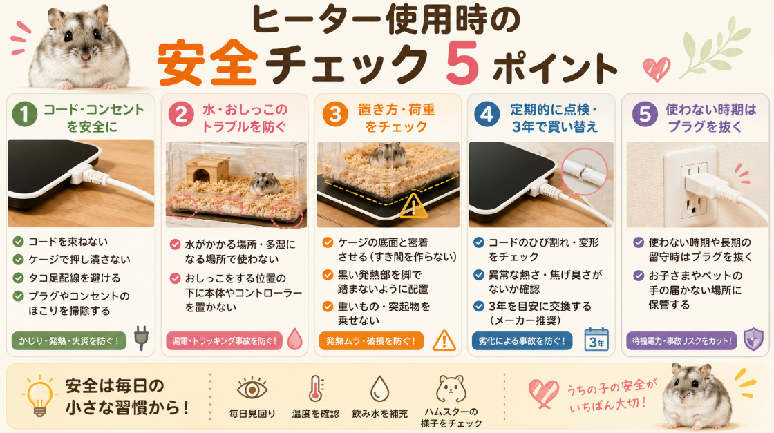 ハムスター用ヒーターを安全に使うためのコード、水濡れ、置き方、劣化、プラグの5項目チェック