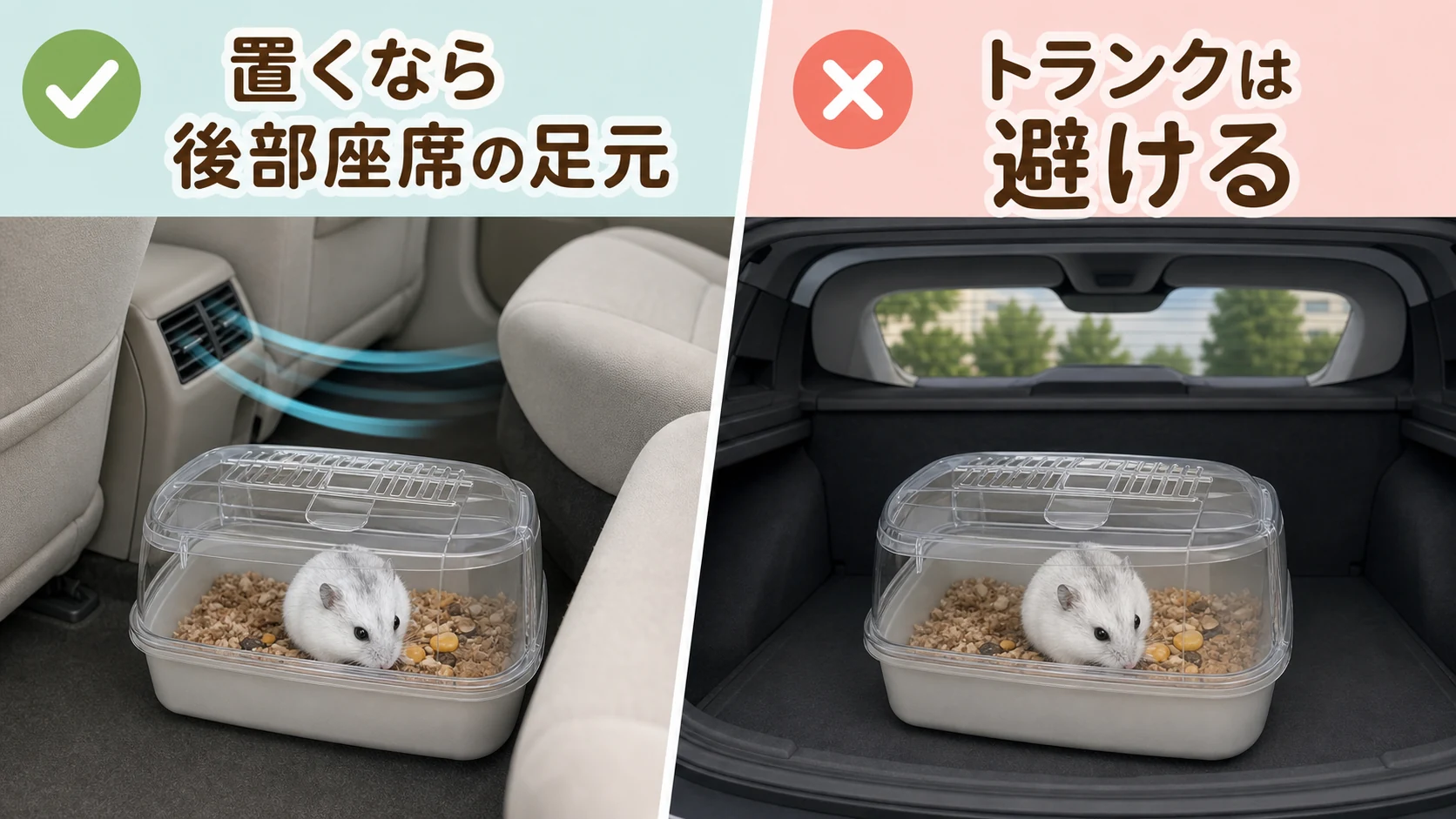 ハムスターのキャリーを後部座席の足元とトランクで比較した画像