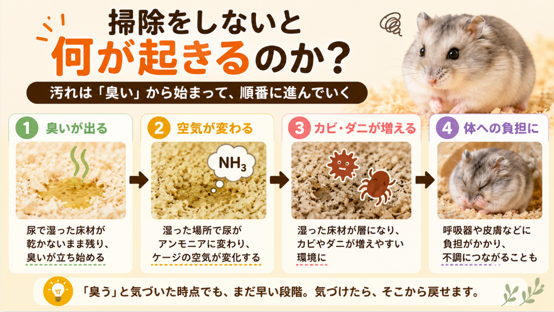 掃除をしないケージで、まず何が起きるのか