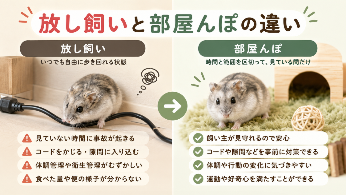 ハムスターの放し飼いと部屋んぽの違いを、事故や体調管理のリスクと見守りの有無で比較した図