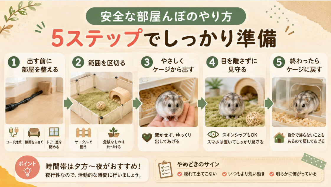 ハムスターの安全な部屋んぽのやり方を、部屋の準備から見守り、ケージへ戻すまで5ステップで示した図