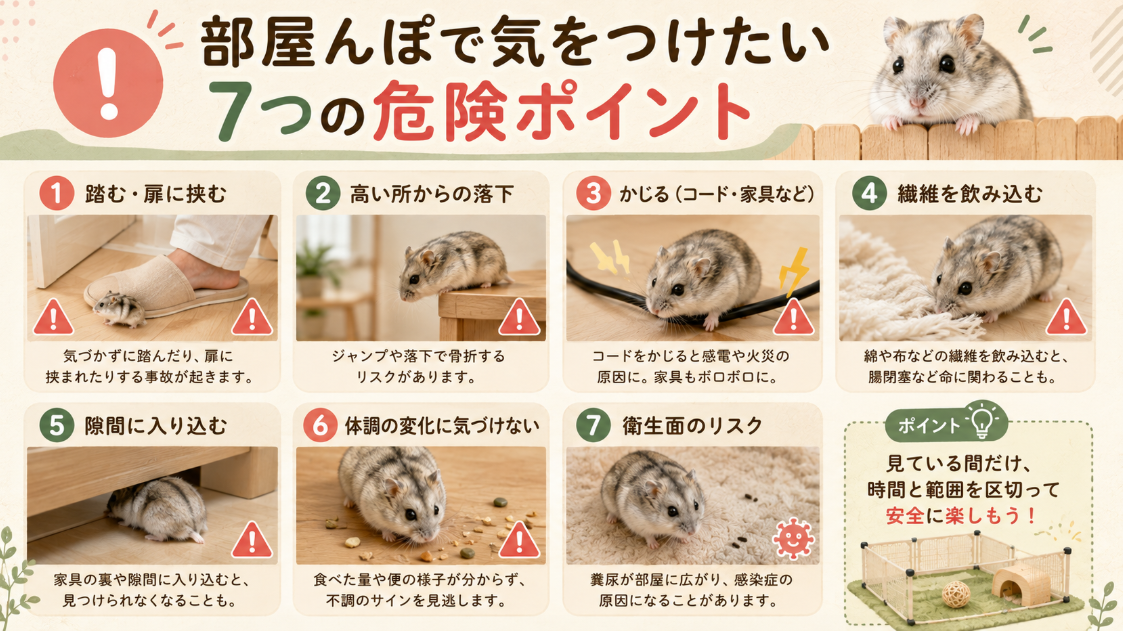 ハムスターの放し飼いで起こる踏みつけ、落下、コードかじり、誤飲、隙間への侵入など7つの危険をまとめた図