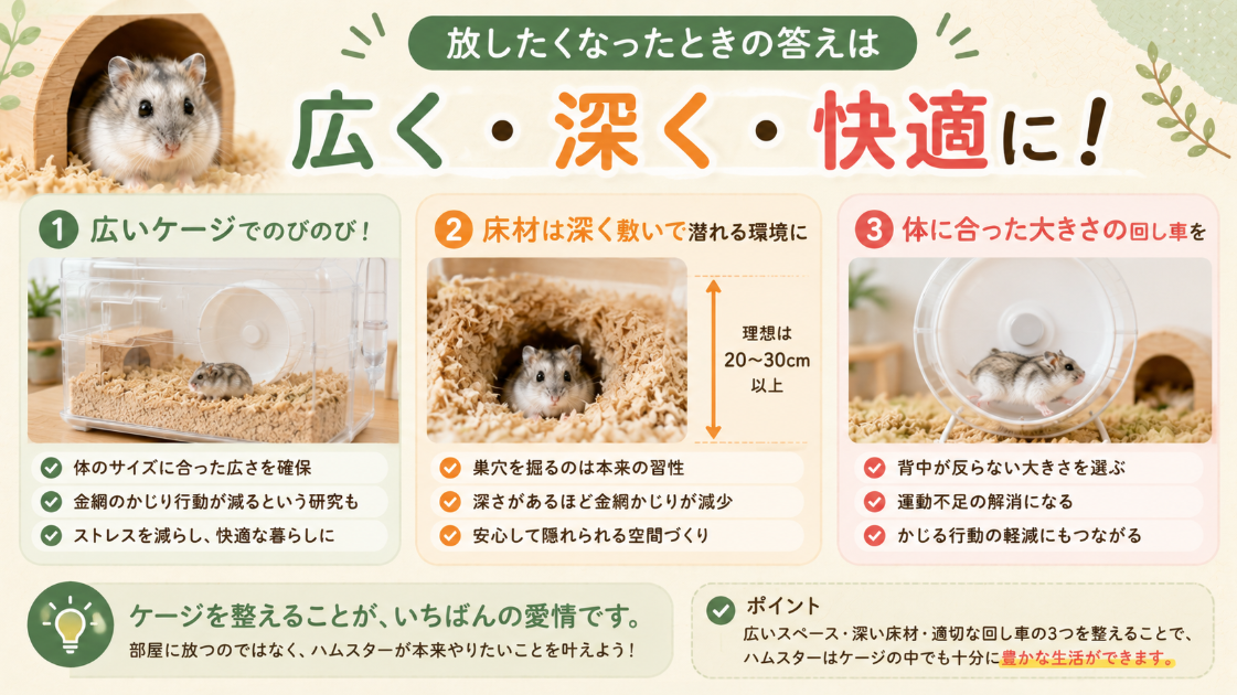 ハムスターを放し飼いにせず、広いケージ、深い床材、体に合った回し車で飼育環境を整えるポイントを示した図