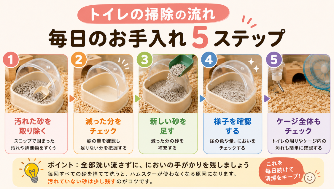 ハムスターのトイレ掃除の手順。汚れた砂を取り除き、新しい砂を足して毎日状態を確認する