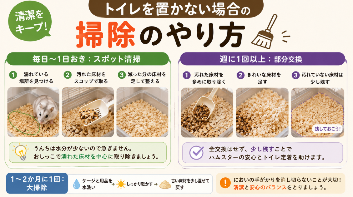 ハムスターにトイレを置かない場合の掃除方法。濡れた床材を部分的に取り除き清潔を保つ