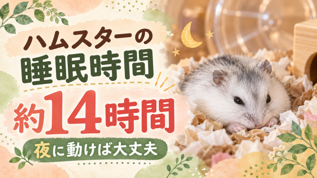 ハムスターの睡眠時間は約14時間、夜に動けば大丈夫と書かれた、床材に埋もれて休むジャンガリアンハムスターのイラスト