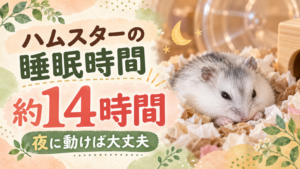 ハムスターの睡眠時間は約14時間、夜に動けば大丈夫と書かれた、床材に埋もれて休むジャンガリアンハムスターのイラスト