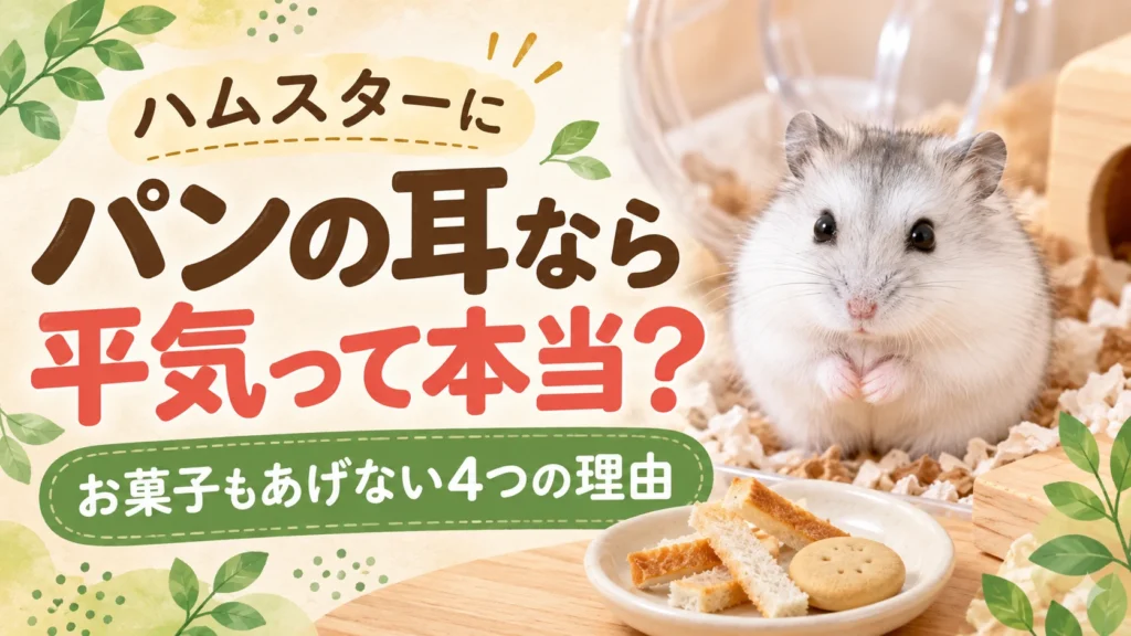 床材の上の白っぽいジャンガリアンハムスターと、皿にのったパンの耳とビスケット。「ハムスターにパンの耳なら平気って本当？お菓子もあげない4つの理由」の文字入り