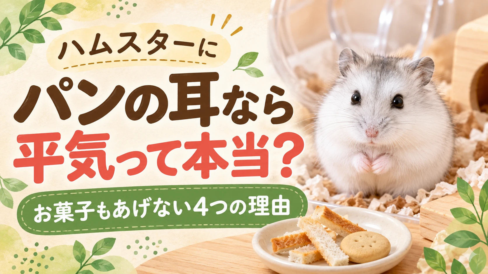 床材の上の白っぽいジャンガリアンハムスターと、皿にのったパンの耳とビスケット。「ハムスターにパンの耳なら平気って本当？お菓子もあげない4つの理由」の文字入り