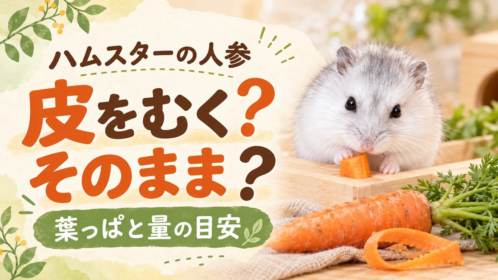 白いハムスターが角切りの人参をかじり、手前に葉つきの人参とむいた皮が置かれたアイキャッチ画像