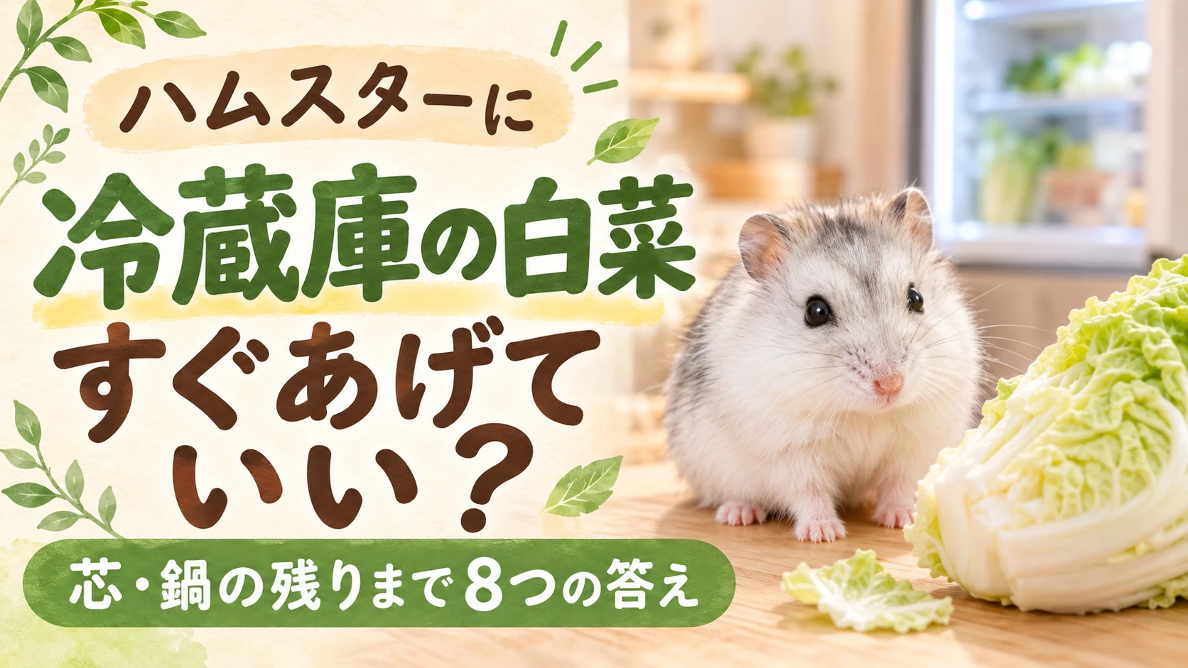 白いハムスターが木の台の上にいて、そばに白菜と白菜の葉のかけらが置かれたアイキャッチ画像