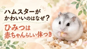 両前足でエサを持って食べる白とグレーのハムスターと「ハムスターがかわいいのはなぜ？ひみつは赤ちゃんらしい体つき」の文字