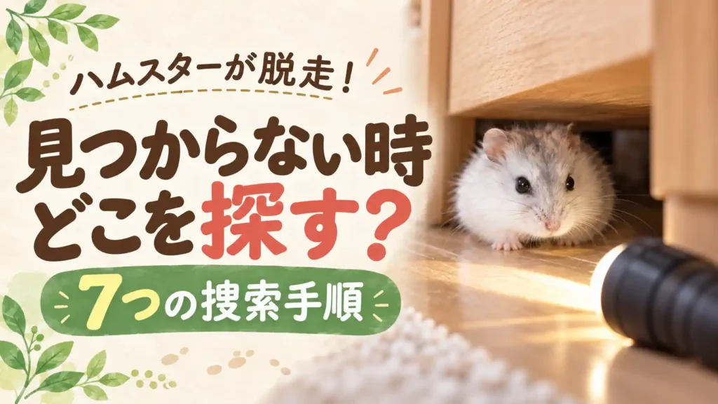 家具の下の隙間に隠れたハムスターを懐中電灯で照らしている様子と「ハムスターが脱走！見つからない時どこを探す？7つの捜索手順」の文字