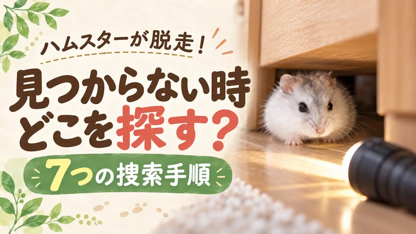家具の下の隙間に隠れたハムスターを懐中電灯で照らしている様子と「ハムスターが脱走!見つからない時どこを探す?7つの捜索手順」の文字