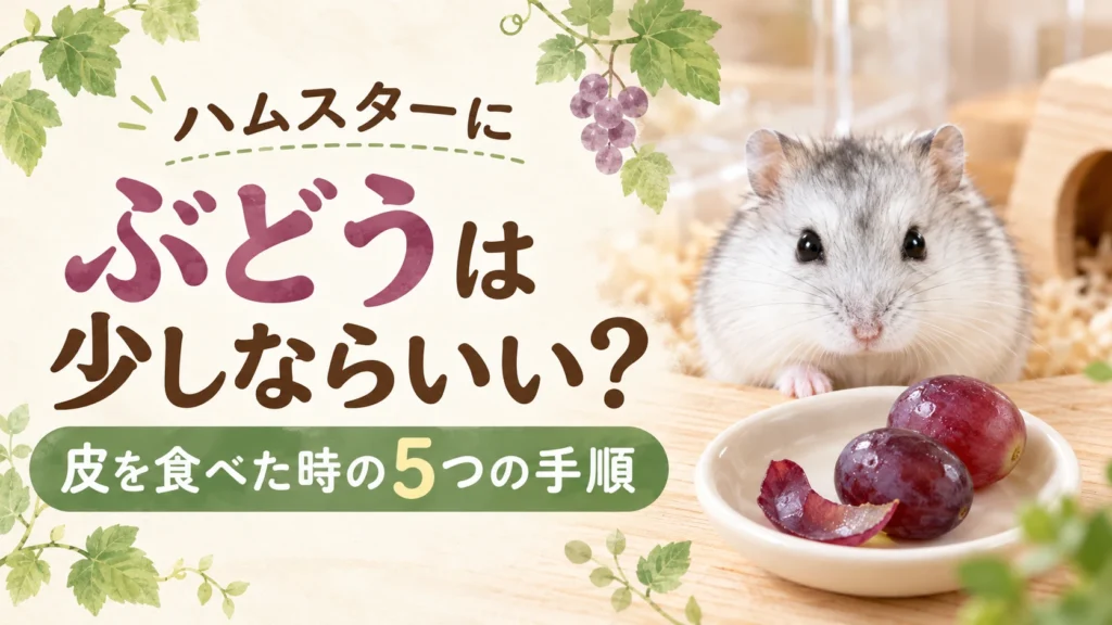 皿にのったぶどうの粒と皮の奥にいる白いジャンガリアンハムスターと「ハムスターにぶどうは少しならいい？」の文字