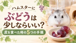 皿にのったぶどうの粒と皮の奥にいる白いジャンガリアンハムスターと「ハムスターにぶどうは少しならいい?」の文字