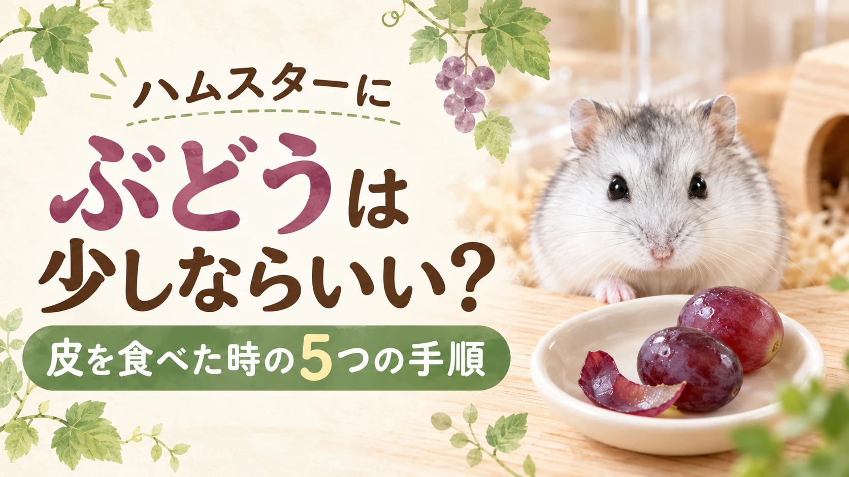 皿にのったぶどうの粒と皮の奥にいる白いジャンガリアンハムスターと「ハムスターにぶどうは少しならいい?」の文字