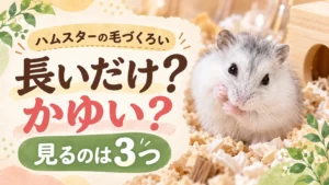 前足を口元に当てた白とグレーのハムスターと「ハムスターの毛づくろい 長いだけ？かゆい？見るのは3つ」の文字