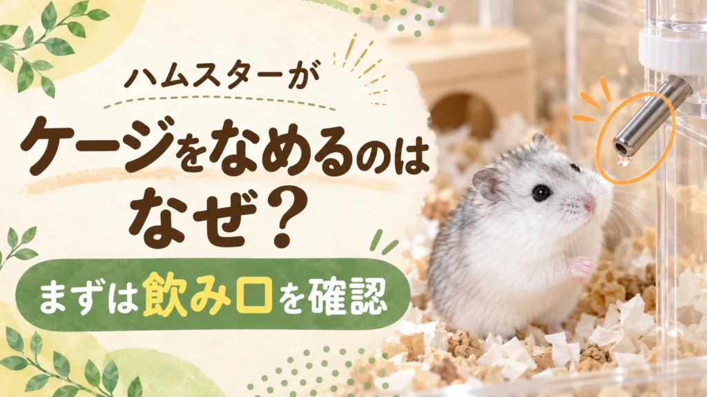 給水器の飲み口を見上げる白いジャンガリアンハムスターと「ハムスターがケージをなめるのはなぜ？」の文字