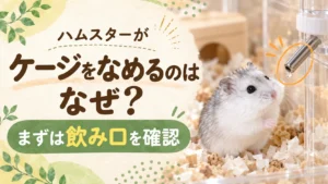 給水器の飲み口を見上げる白いジャンガリアンハムスターと「ハムスターがケージをなめるのはなぜ?」の文字