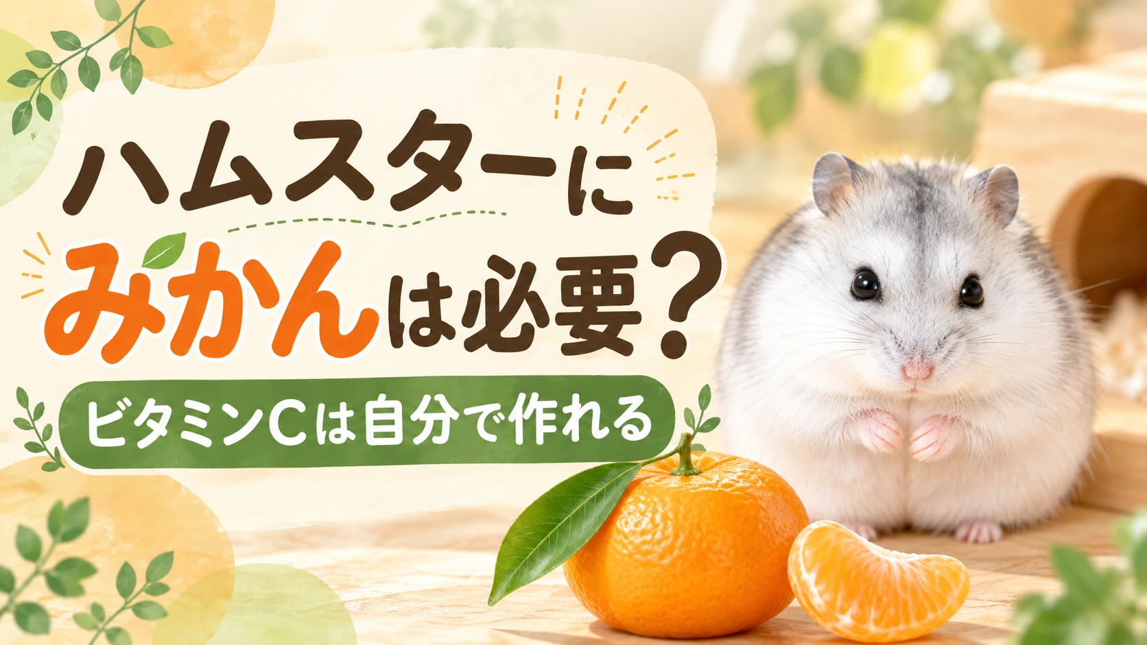 みかんとむいた房のそばにいる白いジャンガリアンハムスターと「ハムスターにみかんは必要？」の文字