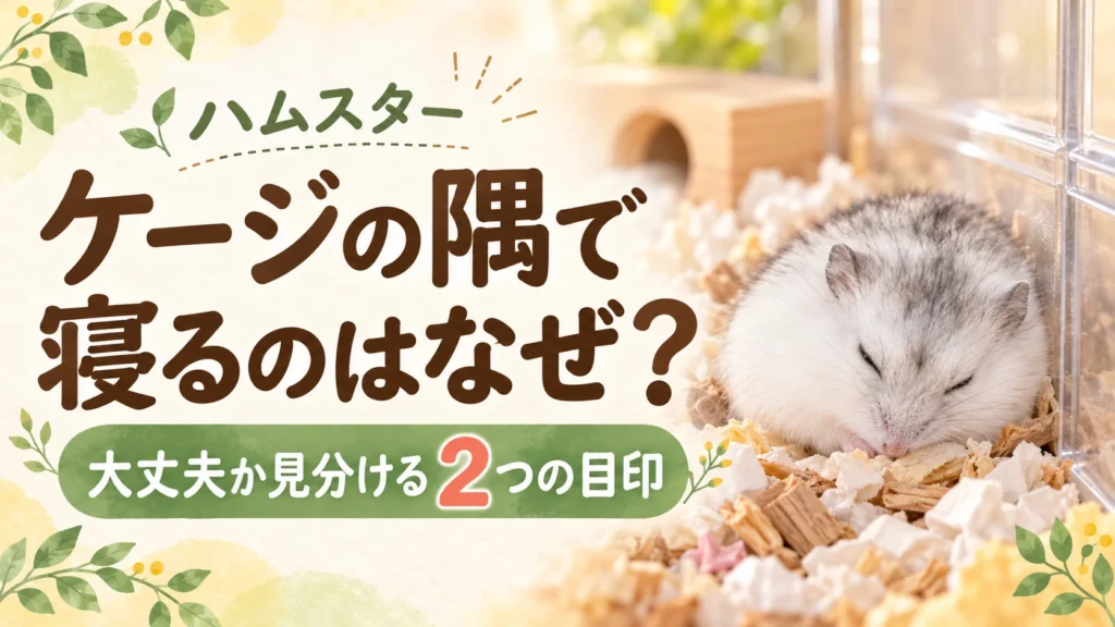 ケージの隅の床材の上で丸まって眠る白いジャンガリアンハムスター