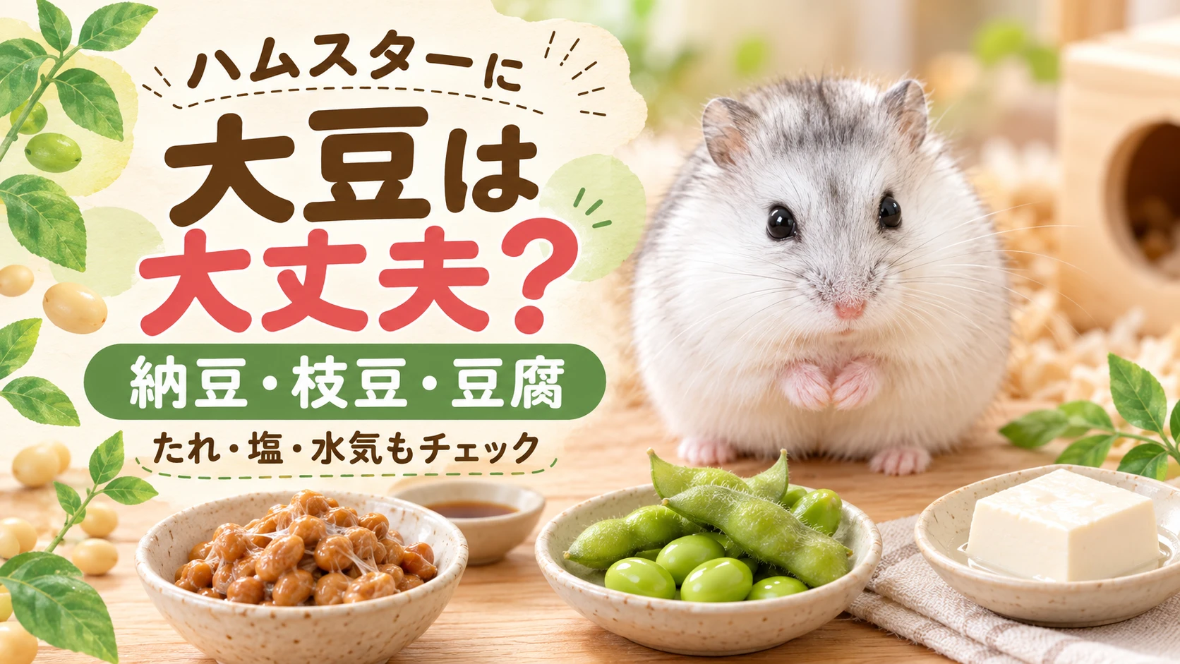 ハムスターに大豆は大丈夫?の文字と、白いハムスターの前に並んだ納豆・枝豆・豆腐の器