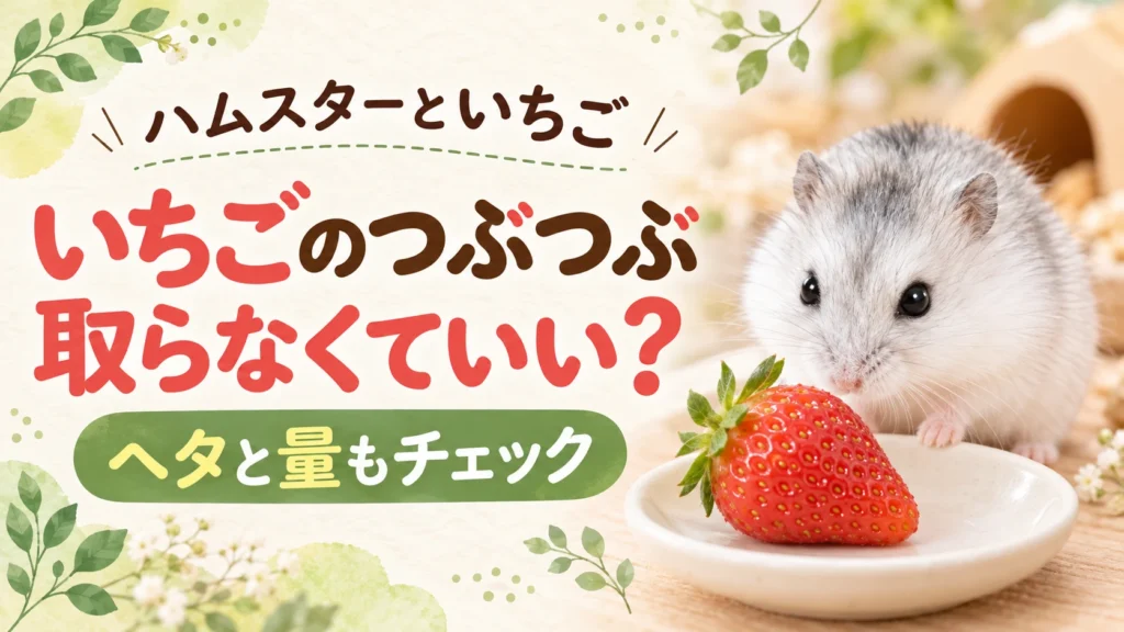 白い小皿にのったいちごの横にいる白とグレーのハムスターと「いちごのつぶつぶ取らなくていい？」の文字