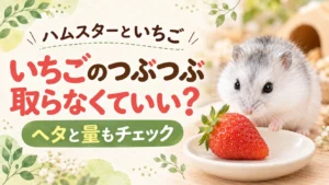 白い小皿にのったいちごの横にいる白とグレーのハムスターと「いちごのつぶつぶ取らなくていい?」の文字