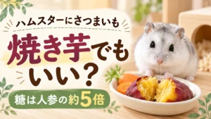 皿にのった焼き芋と人参の奥にいる白いジャンガリアンハムスターと「ハムスターにさつまいも焼き芋でもいい?」の文字