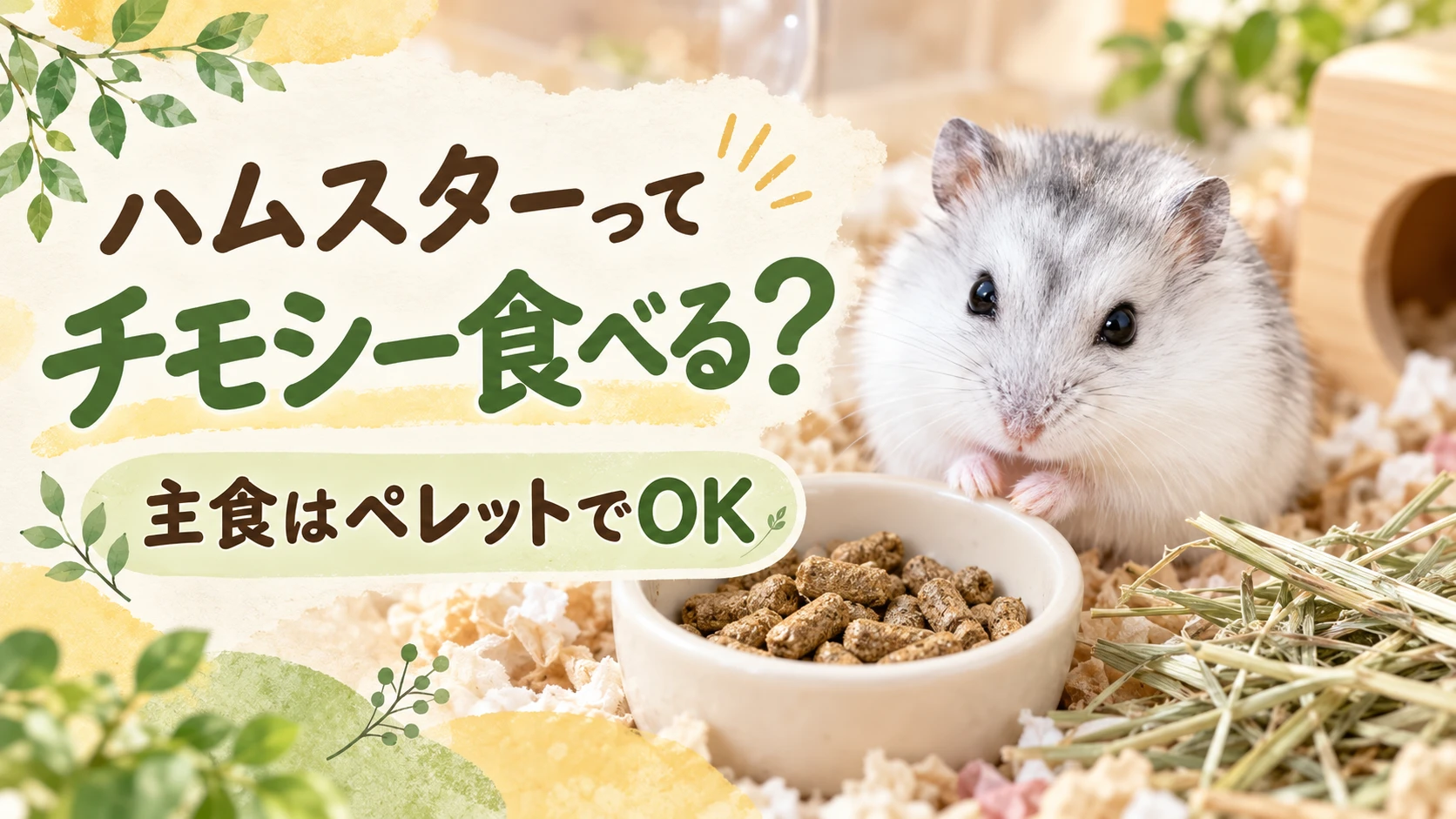 ペレットの入った器と干し草のそばにいる白いジャンガリアンハムスターと「ハムスターってチモシー食べる?」の文字